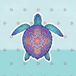 May include: A colorful sea turtle sticker with a detailed mandala design on its shell. The turtle features shades of blue, teal, purple, and orange. The sticker is on a light blue background.