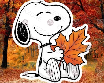 Snooop Fall Leaf Sticker | Peanuts Autumn Decal | Cozy Vibes Art | Maple Leaf Vinyl | Nostalgic Fall Decor | Cute Dog Laptop Sticker