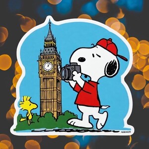 Snoopy in London Sticker - Peanuts Woodstock at Big Ben Decal - Cute Cartoon Travel Vinyl Sticker - London Sticker - Snoopy at Big Ben Decal
