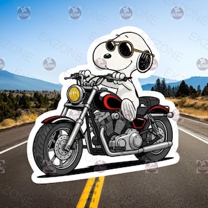 Naklejka motocyklista Snooop | Naklejka z psem Peanuts Biker | Fajna grafika chopper | Winyl z rysunkowym motocyklistą | Prezent dla Snooopa | Dla Stanleya Yeti