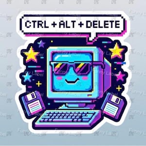 Puede incluir: Una pegatina pixelada que presenta una computadora retro con gafas de sol y una cara sonriente. La computadora está rodeada de estrellas y disquetes, con el texto "CTRL + ALT + DELETE" en un bocadillo. La pegatina tiene una combinación de colores vibrantes de azul, morado y amarillo.