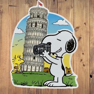 Snoopy Woodstock Pisa Sticker - Peanuts Leaning Tower Decal - Cartoon Dog - Bird Italy Sticker - Europe Travel Souvenir Sticker - Snoopy
