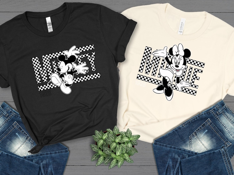 Camiseta de Mickey y Minnie, camiseta de pareja de Disney, camiseta de regalo de Disney, camiseta a juego de Disney, camiseta vintage a cuadros de Mickey y Minnie Mouse 625 imagen 1