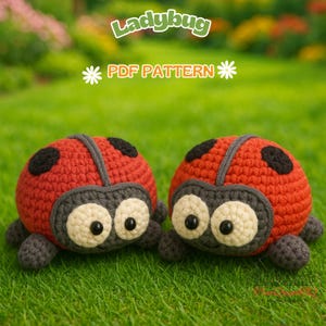 May include: Two handmade crochet ladybugs with red bodies, black spots, and gray accents. The ladybugs have large, round eyes and are set against a green grass background. The text "Ladybug PDF Pattern" is at the top.