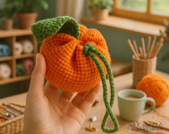 Schema per borsa all'uncinetto con frutta arancione - Borsa con coulisse facile e carina / Borsa estiva per principianti / Stile amigurumi / Download PDF