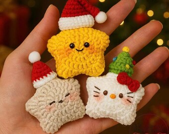 Cute Christmas Star & Kitty Crochet Pattern PDF, Holiday Amigurumi Keychain Tutorial, Easy Festive Ornament Crochet Pattern for Beginners