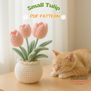 May include: A crochet pattern for a small pink tulip bouquet in a white crocheted pot. The pattern is called "Small Tulip PDF Pattern".