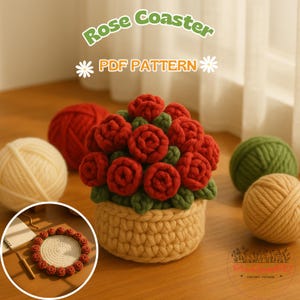 Gehaakt pdf-patroon voor rozenonderzetter en bloemenmand – amigurumi-bloemenonderzetter, zelfstudie rozendeken, doe-het-zelfdecoratie