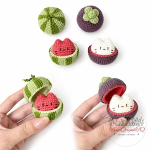 May include: Crochet amigurumi set featuring small cats nestled inside fruit-shaped containers. One cat is red inside a green watermelon, and the other is white inside a purple mangosteen. The text TrucQuynhTQ CROCHET PATTERN is visible.