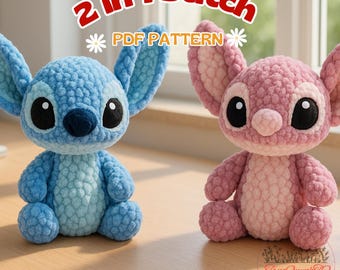 Patrón de crochet amigurumi 2 en 1 (PDF): Punto Jumbo + Muñecas Angel y Scrump / Inspiradas en Lilo y Stitch / Tutorial de peluche de extraterrestre azul