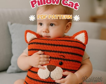 Cute Tiger Cat Pillow Crochet Pattern – PDF Tutorial – DIY Plush Toy, Handmade Home Decor, Amigurumi Gift Idea, Crochet Animal Pattern