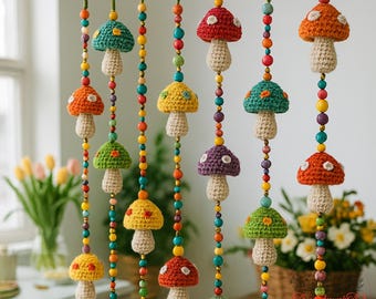 Crochet Pattern - Mushroom Curtain PDF | Colorful Amigurumi Toadstool Garland | DIY Room Decor, Boho Nursery Wall Hanging