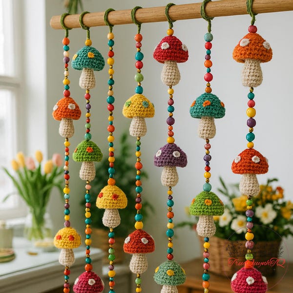 Crochet Pattern - Mushroom Curtain PDF | Colorful Amigurumi Toadstool Garland | DIY Room Decor, Boho Nursery Wall Hanging
