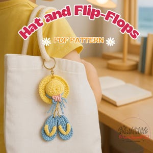 May include: A yellow crochet hat and blue flip-flops keychain. The keychain is attached to a white tote bag. The text "Hat and Flip-Flops PDF Pattern" is displayed in the image.