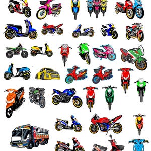 May include: A collection of colorful illustrations of motorcycles and scooters. The illustrations are in a cartoon style and feature various designs and colors.