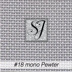 May include: Close-up of a gray, woven fabric with a decorative square featuring the letters "SJ" in a stylized font. The text "#18 mono Pewter" is displayed at the bottom of the image.