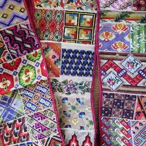 1860s Berlin Work stitch & pattern needlepoint sampler over 6 feet long! exceptional antique embroidery bargello beadwork