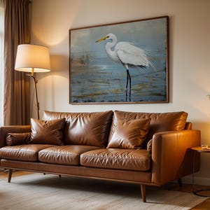 White Heron Marsh Print, Coastal Bird Wall Art, Gulf Coast Wildlife Painting for Beach House or Cottage, Egret Nature Decor