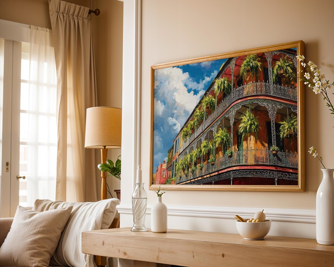 French Quarter Balcony – Ironwork Railings With Hanging Ferns (digital ...