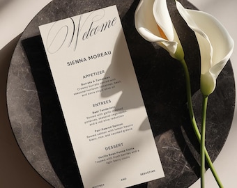 Modern Editorial Menu & Name Cards Suite | Editable Template (Digital Download) | Black White Monochrome