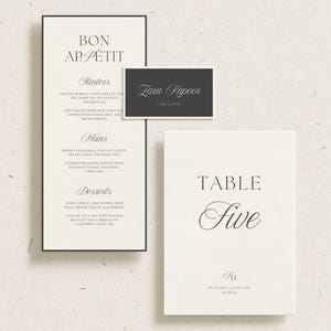 Edytowalny zestaw menu | Eleganckie romantyczne minimalistyczne wesele | Numery stołów | Wizytówki | Pobieranie cyfrowe | Czarno-białe | Szablon do wydruku