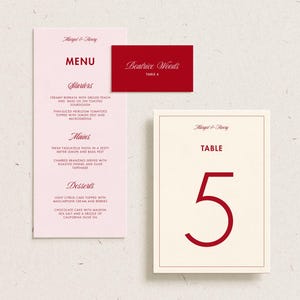 Menú editable / Boda romántica clásica y coqueta / Números de mesa / Tarjetas de nombre / Descarga digital / Rojo y rosa / Plantilla imprimible