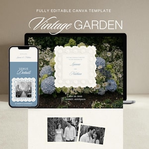 Modello di sito web per matrimoni in giardino color blu polvere con RSVP / Design personalizzabile (download digitale)