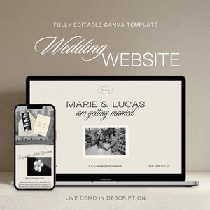 May include: A laptop and smartphone display a wedding website template. The laptop screen shows "Marie & Lucas are getting married" with a photo. The phone displays a FAQ section. Text includes "Wedding WEBSITE" and "LIVE DEMO IN DESCRIPTION."