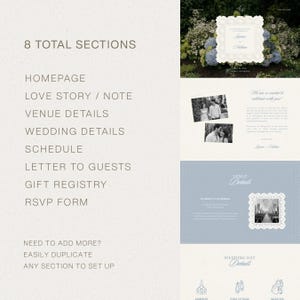 May include: A digital wedding website template featuring 8 sections including homepage, love story, venue details, wedding details, schedule, letter to guests, gift registry, and RSVP form. The layout displays soft blue and cream tones with floral accents.