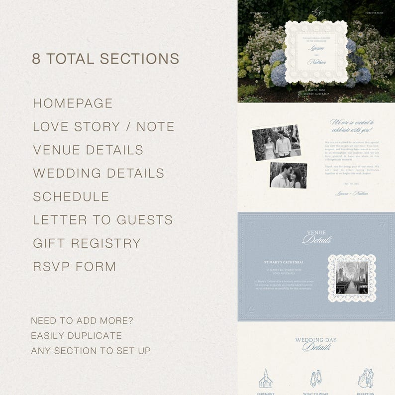 May include: A digital wedding website template featuring 8 sections including homepage, love story, venue details, wedding details, schedule, letter to guests, gift registry, and RSVP form. The layout displays soft blue and cream tones with floral accents.