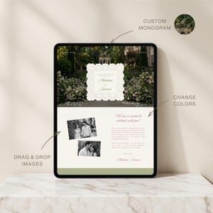 Peut inclure: Une tablette num&eacute;rique affichant un mod&egrave;le de faire-part de mariage avec un arri&egrave;re-plan de jardin, un cadre blanc festonn&eacute;, deux photos en noir et blanc d'un couple et du texte incluant "Madeleine and Jameson" et "We are so excited to celebrate with you."