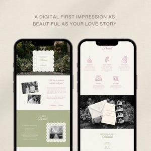 Peut inclure: Deux smartphones affichant un site web d'invitation de mariage num&eacute;rique. Les &eacute;crans pr&eacute;sentent du texte, des photos d'un couple et des ic&ocirc;nes pour les d&eacute;tails de la c&eacute;r&eacute;monie, avec le texte : A DIGITAL FIRST IMPRESSION AS BEAUTIFUL AS YOUR LOVE STORY.