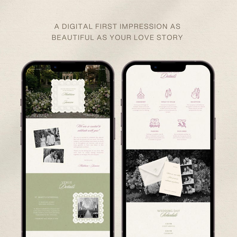 Peut inclure: Deux smartphones affichant un site web d'invitation de mariage num&eacute;rique. Les &eacute;crans pr&eacute;sentent du texte, des photos d'un couple et des ic&ocirc;nes pour les d&eacute;tails de la c&eacute;r&eacute;monie, avec le texte : A DIGITAL FIRST IMPRESSION AS BEAUTIFUL AS YOUR LOVE STORY.