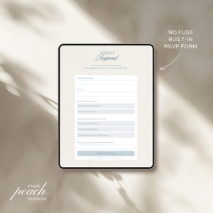 May include: A digital tablet displaying a wedding RSVP form with the text KINDLY RESPOND, fields for name, email, attendance, meal choices including Braised Beef Tenderloin, Pan Seared King Salmon, Wild Mushroom Risotto, and a SUBMIT RESPONSE button.