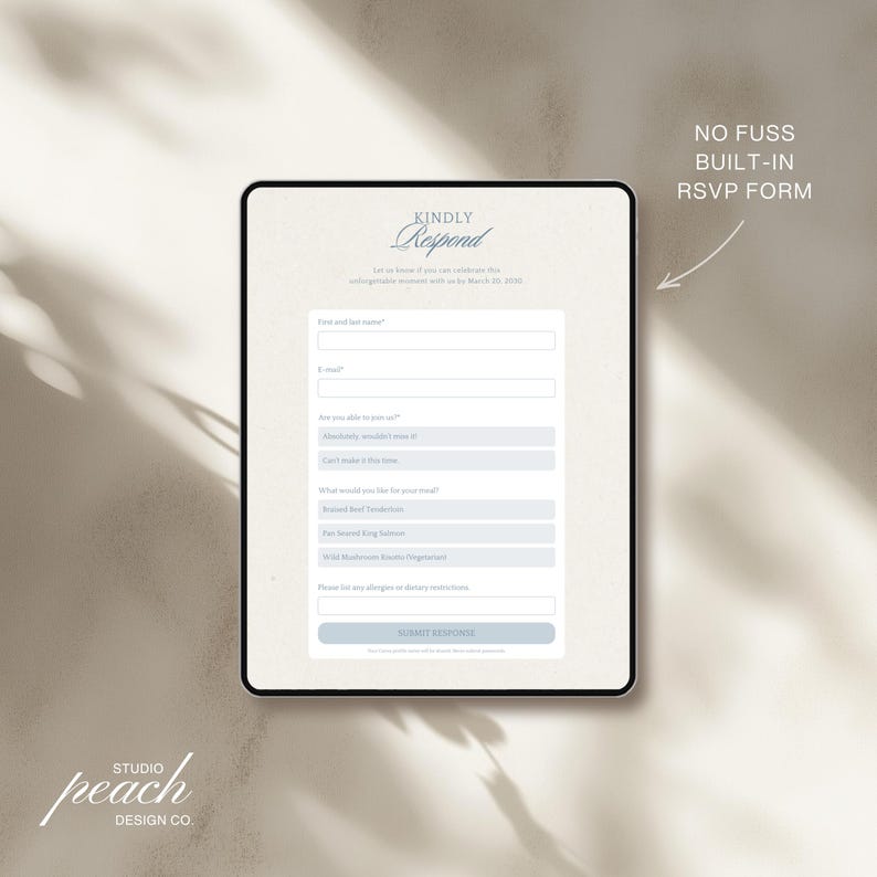 May include: A digital tablet displaying a wedding RSVP form with the text KINDLY RESPOND, fields for name, email, attendance, meal choices including Braised Beef Tenderloin, Pan Seared King Salmon, Wild Mushroom Risotto, and a SUBMIT RESPONSE button.