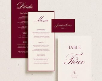 Luxury Modern Minimal Menu & Name Cards Suite | Editable Template (Digital Download) | Red Wine Burgundy