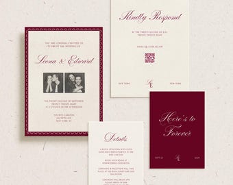 Romantic Modern Wedding Invitation Suite | Red Wine Burgundy | Editable Canva Template (Digital Download)