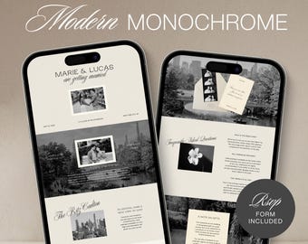 de Site Web de mariage moderne en noir et blanc | Modifiable dans Canva avec RSVP intégré