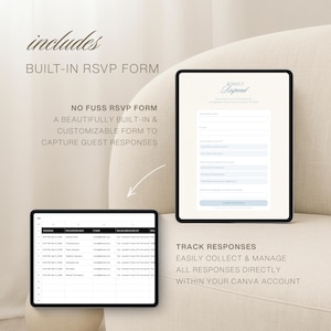 May include: Two digital tablets displaying a wedding RSVP system. The larger tablet shows a form titled Kindly Respond with input fields for guest details. The smaller tablet shows a spreadsheet tracking guest responses with columns for timestamps.