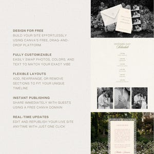 Peut inclure: Un mod&egrave;le de site web de mariage num&eacute;rique comprenant une enveloppe blanche, une bande photo et un programme de la journ&eacute;e. La mise en page inclut des sections pour les photos, les horaires et une note sur les cadeaux, avec des d&eacute;tails sur le design.
