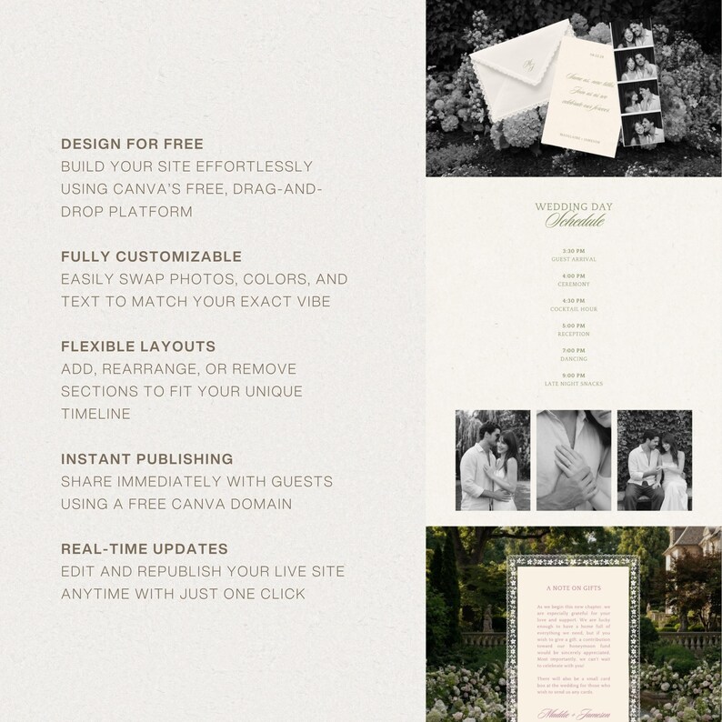 Peut inclure: Un mod&egrave;le de site web de mariage num&eacute;rique comprenant une enveloppe blanche, une bande photo et un programme de la journ&eacute;e. La mise en page inclut des sections pour les photos, les horaires et une note sur les cadeaux, avec des d&eacute;tails sur le design.