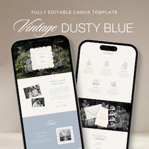 Könnte beinhalten: Zwei Smartphones zeigen eine vollständig bearbeitbare Canva-Vorlage mit dem Titel Vintage DUSTY BLUE. Die Bildschirme zeigen Hochzeitseinladungsdesigns mit staubblauen Akzenten, Blumenbildern, Schwarz-Weiß-Fotos und Textdetails zu Zeremonie, Empfang und Zeitplan.