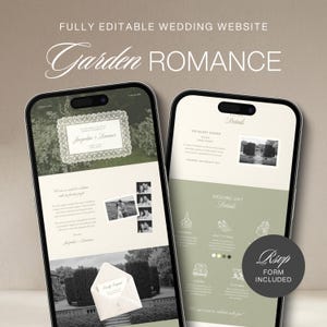 Puede incluir: Dos teléfonos inteligentes muestran una plantilla de sitio web de bodas totalmente editable titulada Garden Romance. Las pantallas presentan diseños en color crema y verde salvia con texto, fotos en blanco y negro, un sobre y un formulario RSVP.