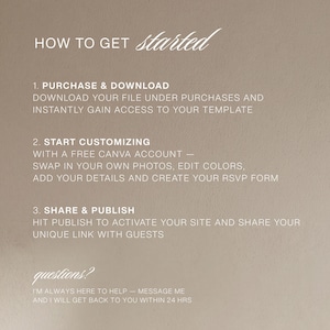 Peut inclure: Un graphique informatif beige avec du texte blanc intitul&eacute; HOW TO GET started. Il &eacute;num&egrave;re trois &eacute;tapes : 1. PURCHASE & DOWNLOAD, 2. START CUSTOMIZING avec un compte Canva gratuit, et 3. SHARE & PUBLISH. Il se termine par questions? et un message.