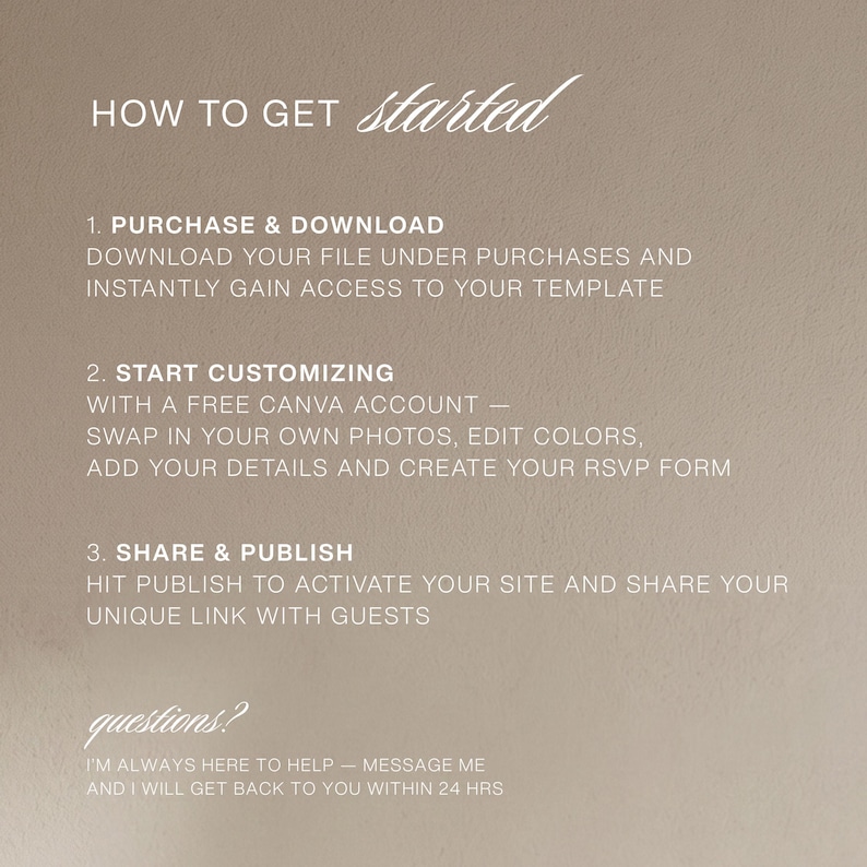 Peut inclure: Un graphique informatif beige avec du texte blanc intitul&eacute; HOW TO GET started. Il &eacute;num&egrave;re trois &eacute;tapes : 1. PURCHASE & DOWNLOAD, 2. START CUSTOMIZING avec un compte Canva gratuit, et 3. SHARE & PUBLISH. Il se termine par questions? et un message.