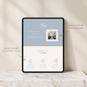 May include: A digital tablet screen displaying a wedding invitation template with a light blue top section featuring the text Venue Details and a white bottom section with Wedding Day Details, including hand-drawn illustrations and a photo placeholder.