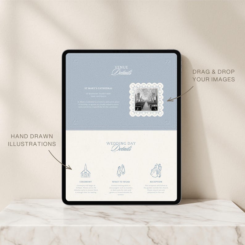 May include: A digital tablet screen displaying a wedding invitation template with a light blue top section featuring the text Venue Details and a white bottom section with Wedding Day Details, including hand-drawn illustrations and a photo placeholder.
