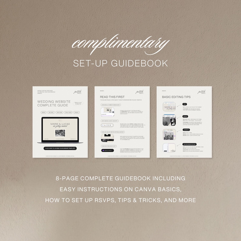 Peut inclure: Un ensemble de guides num&eacute;riques compos&eacute; de trois pages blanches avec du texte et des graphiques noirs. Les pages sont intitul&eacute;es Complimentary Set-Up Guidebook, Wedding Website Complete Guide, Read This First et Basic Editing Tips, d&eacute;taillant les instructions de configuration.
