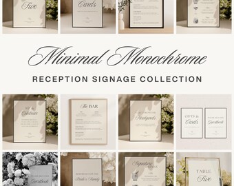 Minimalist Romantic Reception Sign Bundle | Black & White Monochrome Wedding | Editable Canva Template