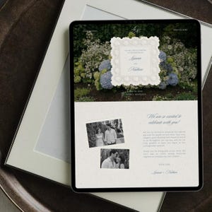 May include: A digital tablet displaying a wedding invitation website with a floral background, the names Lianna and Nathan, and the date May 30, 2030. The page includes two black and white photographs of a couple and text expressing excitement.